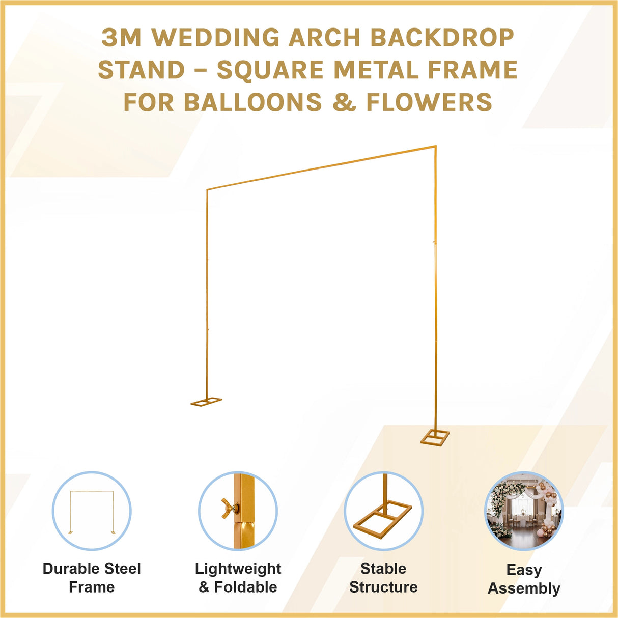 3m Wedding Arch Backdrop Stand – Square Metal Frame for Balloons & Flowers