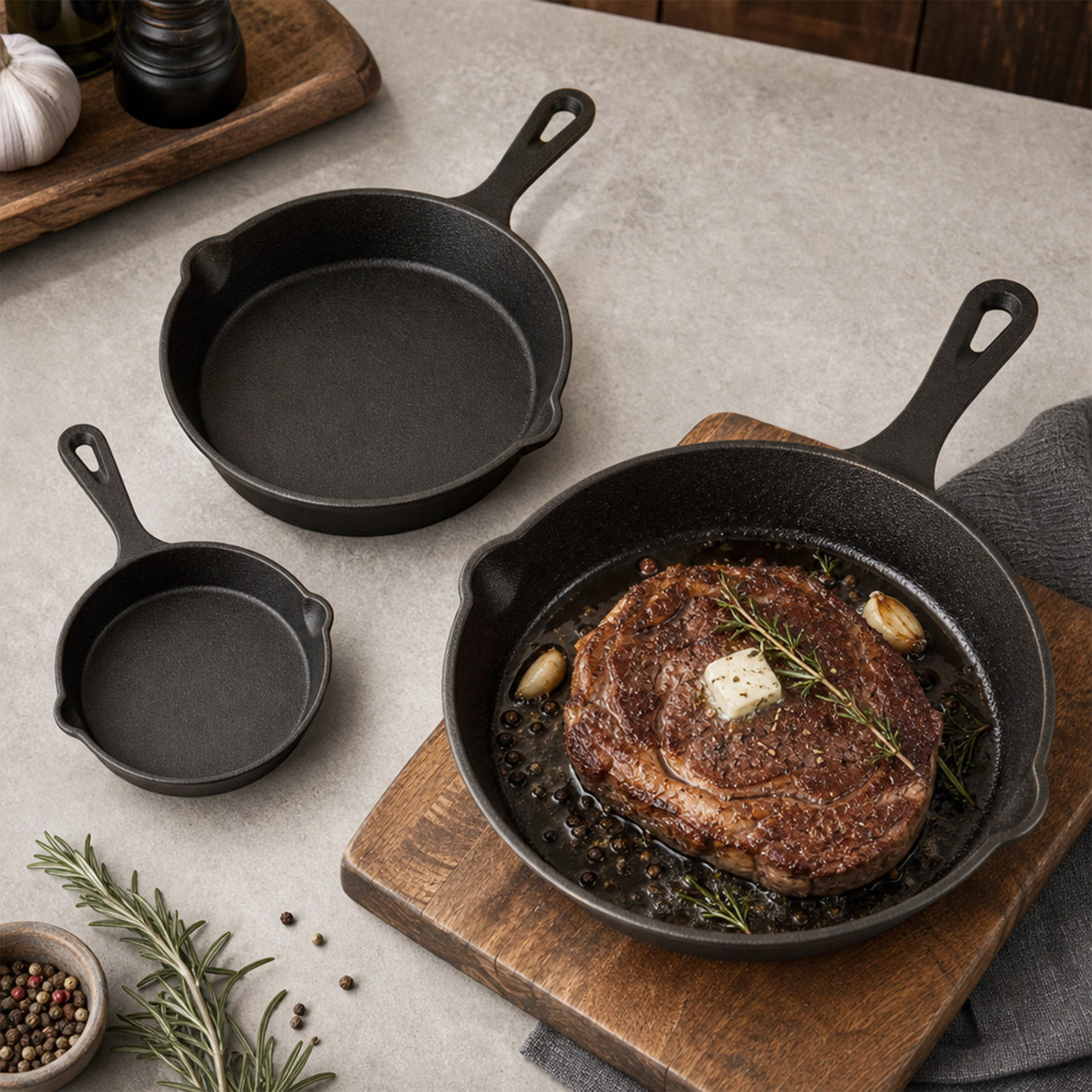 Chef Cast Iron Frying Pan Set – 3PCS Skillet, Grill & Oven Cookware for Home Cooking