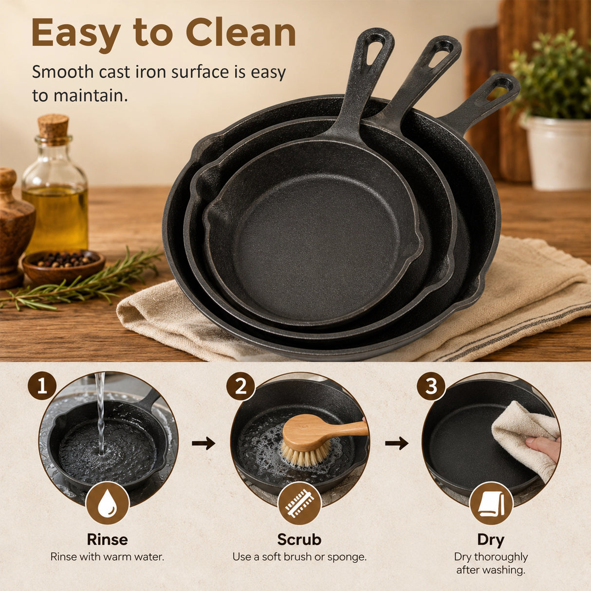 Chef Cast Iron Frying Pan Set – 3PCS Skillet, Grill & Oven Cookware for Home Cooking