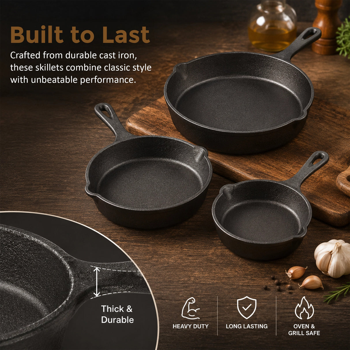 Chef Cast Iron Frying Pan Set – 3PCS Skillet, Grill & Oven Cookware for Home Cooking