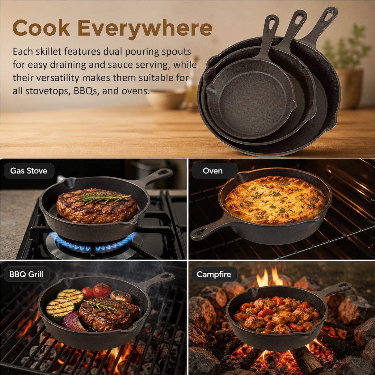 Chef Cast Iron Frying Pan Set – 3PCS Skillet, Grill & Oven Cookware for Home Cooking
