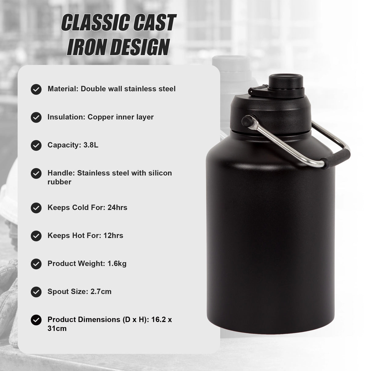 3.8L Double Wall Insulated Stainless Steel Water Bottle – Large Hot & Cold Drink Jug