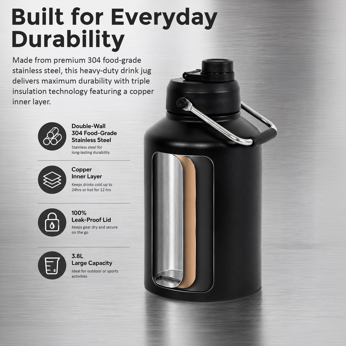 3.8L Double Wall Insulated Stainless Steel Water Bottle – Large Hot & Cold Drink Jug