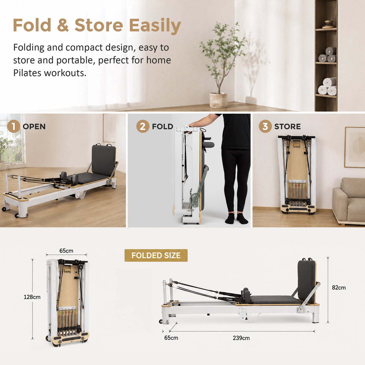 Folding Pilates Reformer Machine – Home Workout Bed for Full Body Fitness Training