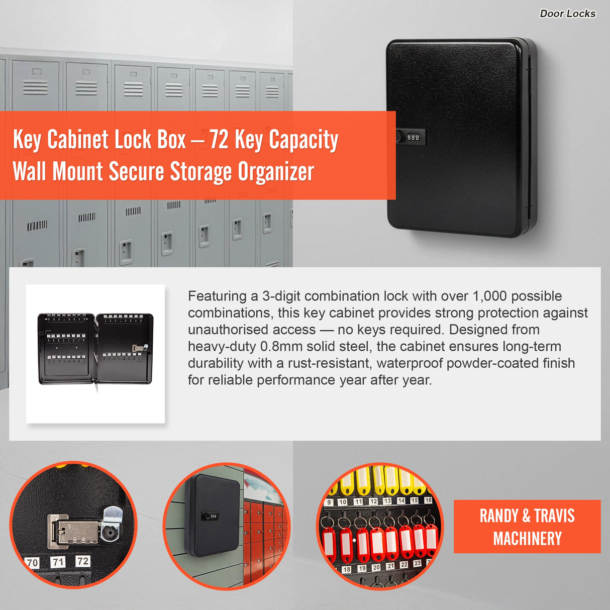 Key Cabinet Lock Box – 72 Key Capacity Wall Mount Secure Storage Organizer