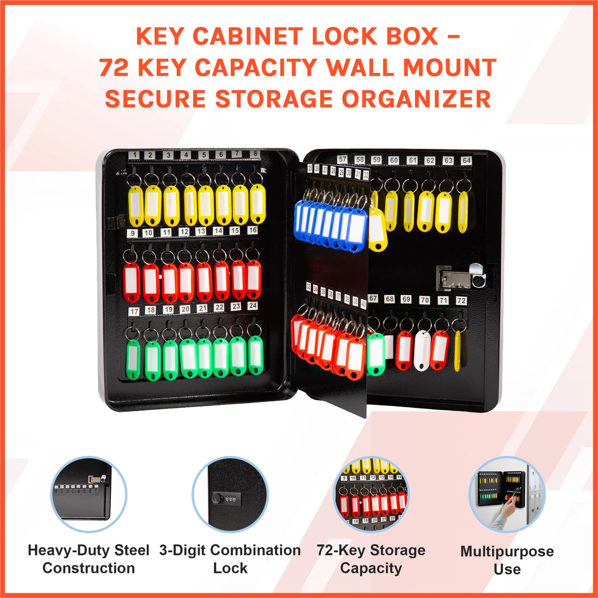 Key Cabinet Lock Box – 72 Key Capacity Wall Mount Secure Storage Organizer