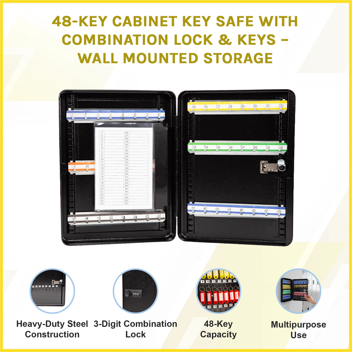 48-Key Cabinet Key Safe with Combination Lock & Keys – Wall Mounted Storage