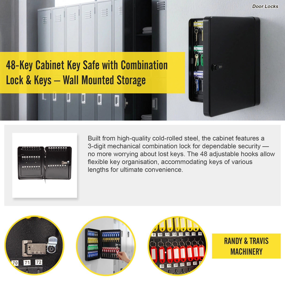 48-Key Cabinet Key Safe with Combination Lock & Keys – Wall Mounted Storage