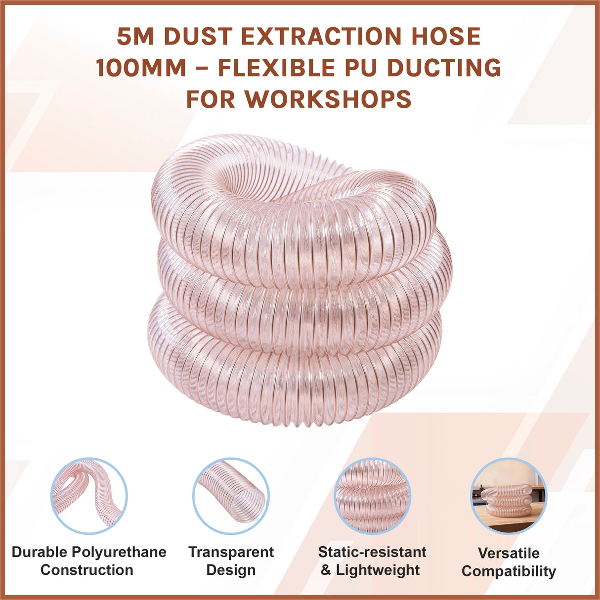 5m Dust Extraction Hose 100mm – Flexible PU Ducting for Workshops