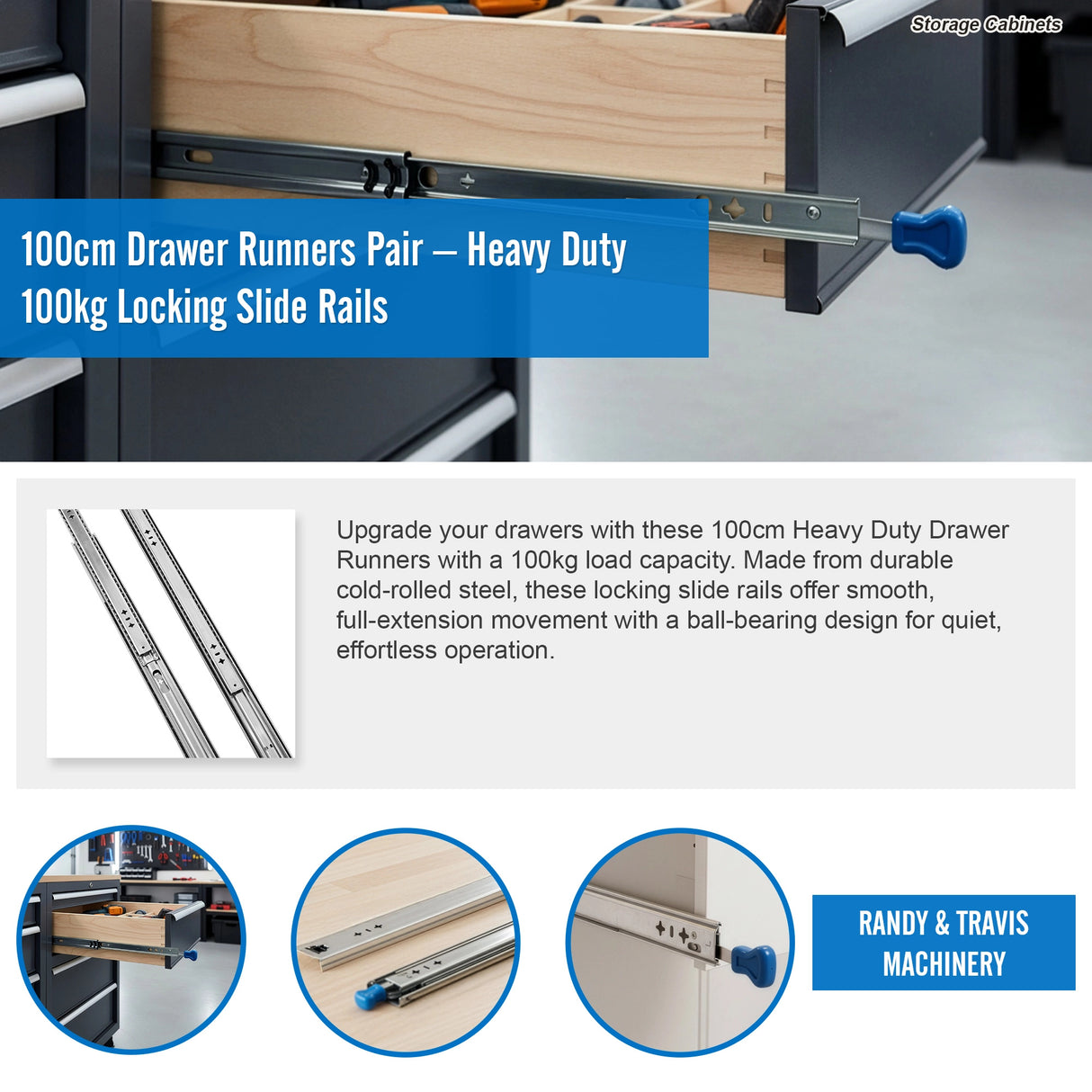 100cm Drawer Runners Pair – Heavy Duty 100kg Locking Slide Rails