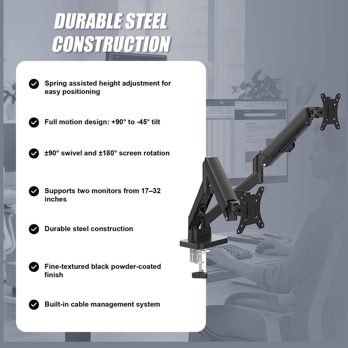 Dual Arm Monitor Desk Mount Bracket Spring Assisted 17–32 Inch Full Motion