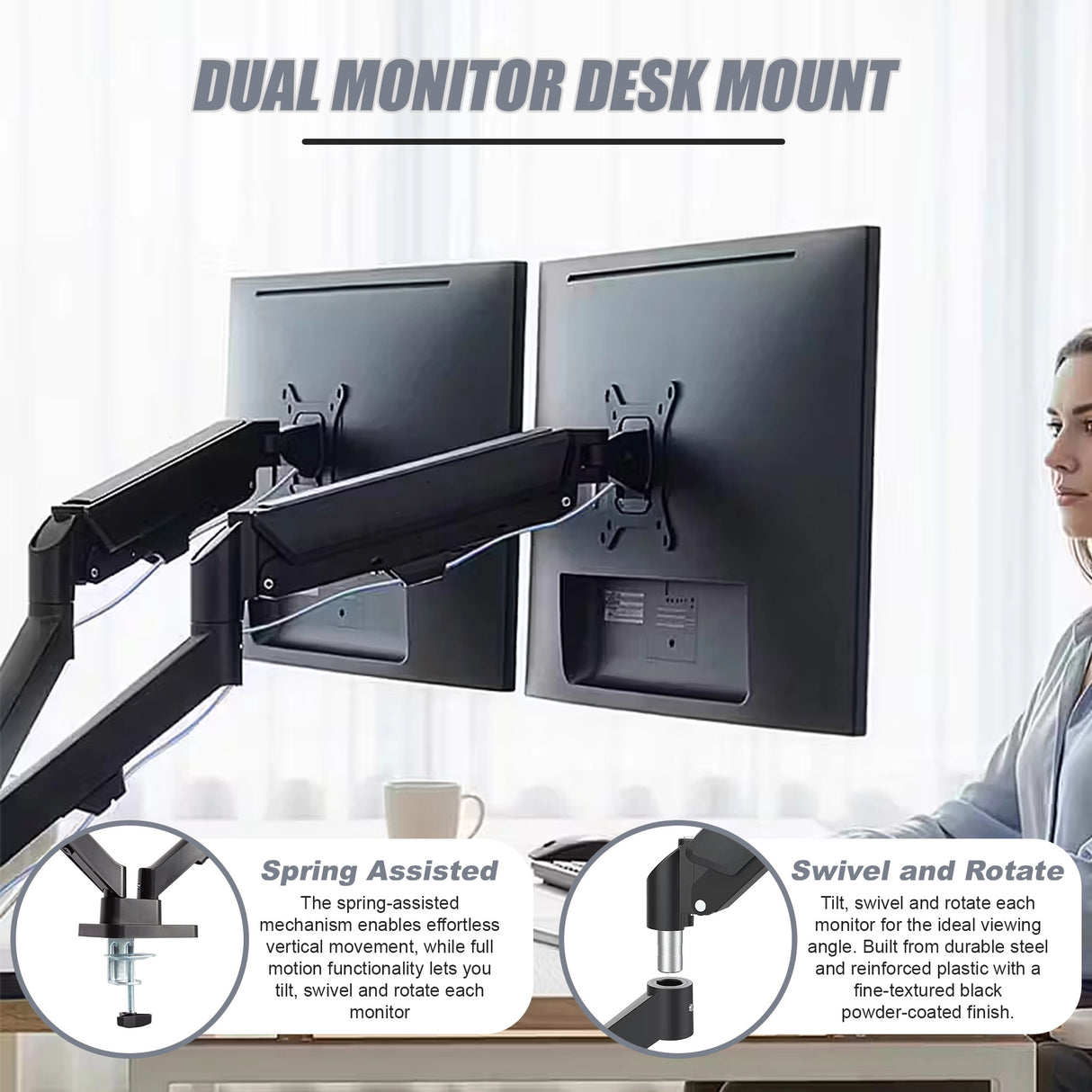 Dual Arm Monitor Desk Mount Bracket Spring Assisted 17–32 Inch Full Motion