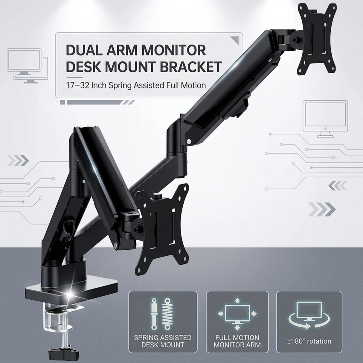 Dual Arm Monitor Desk Mount Bracket Spring Assisted 17–32 Inch Full Motion