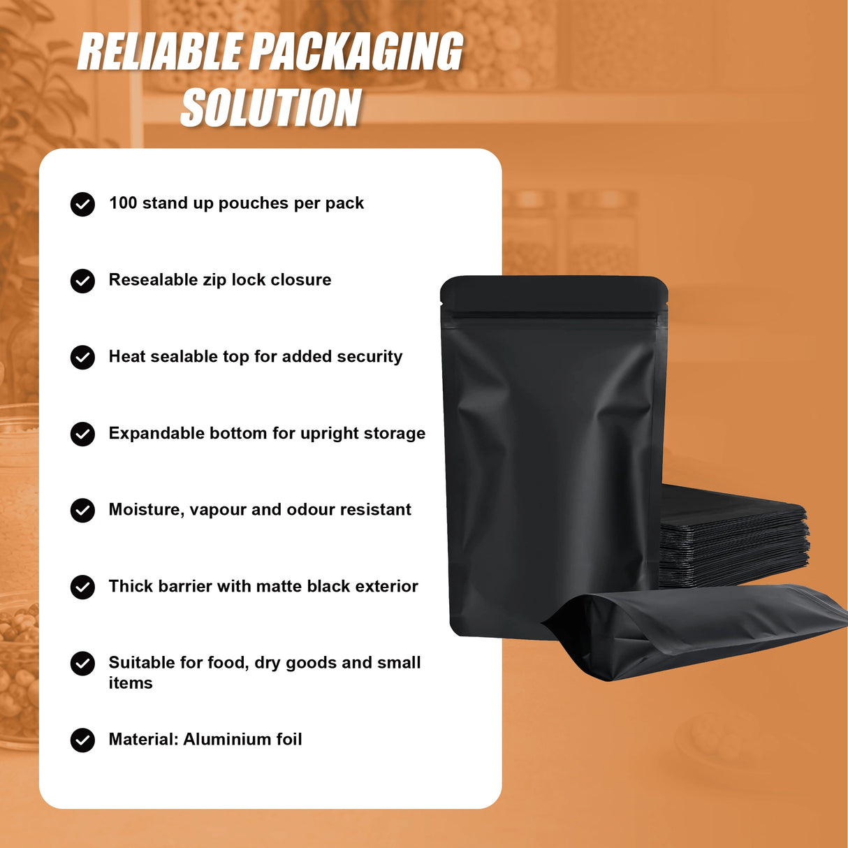Black Aluminium Mylar Foil Stand Up Pouch 100pcs