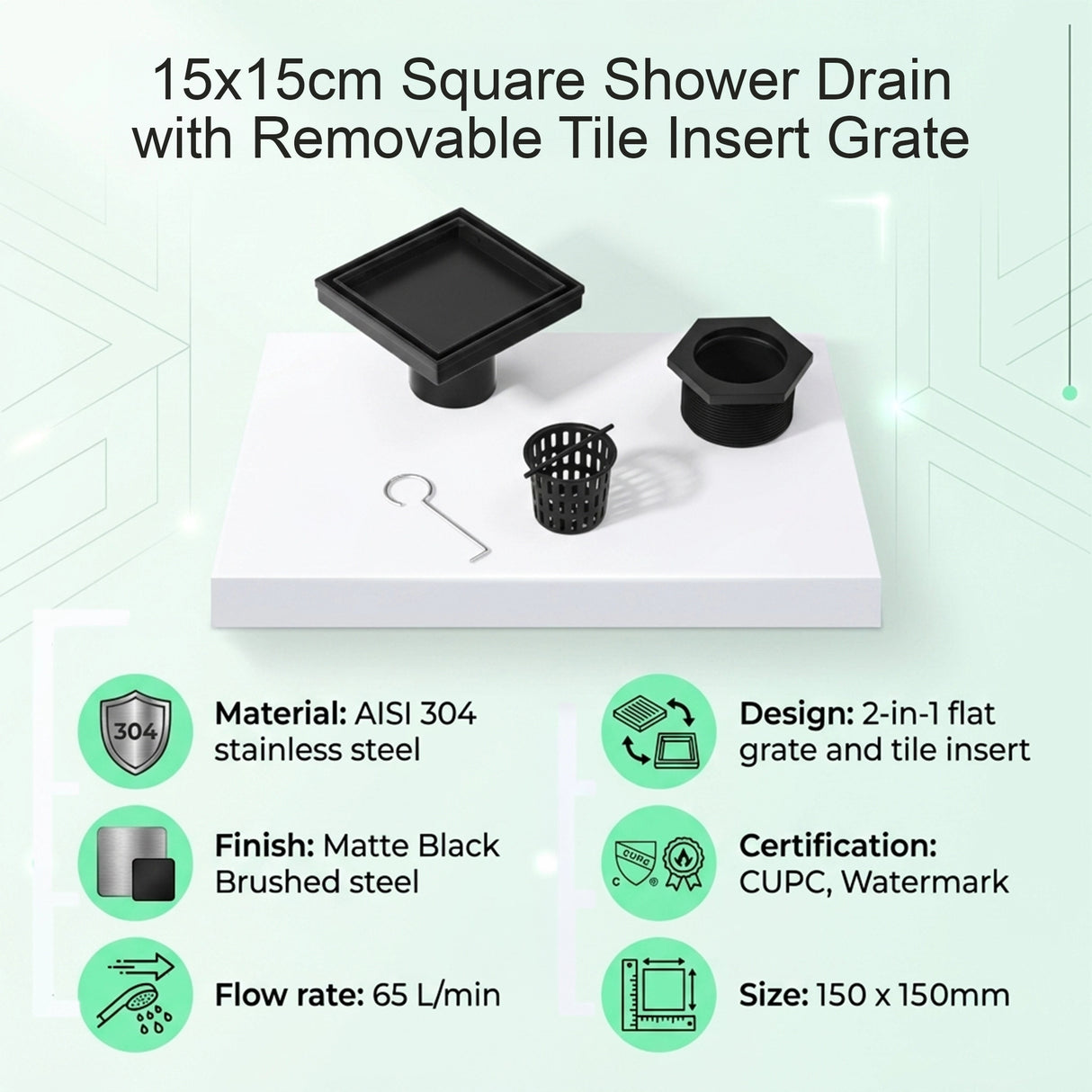 15x15cm Square Shower Drain with Removable Tile Insert Grate – Black 304 Stainless Steel, CUPC Certified for Modern Bathrooms