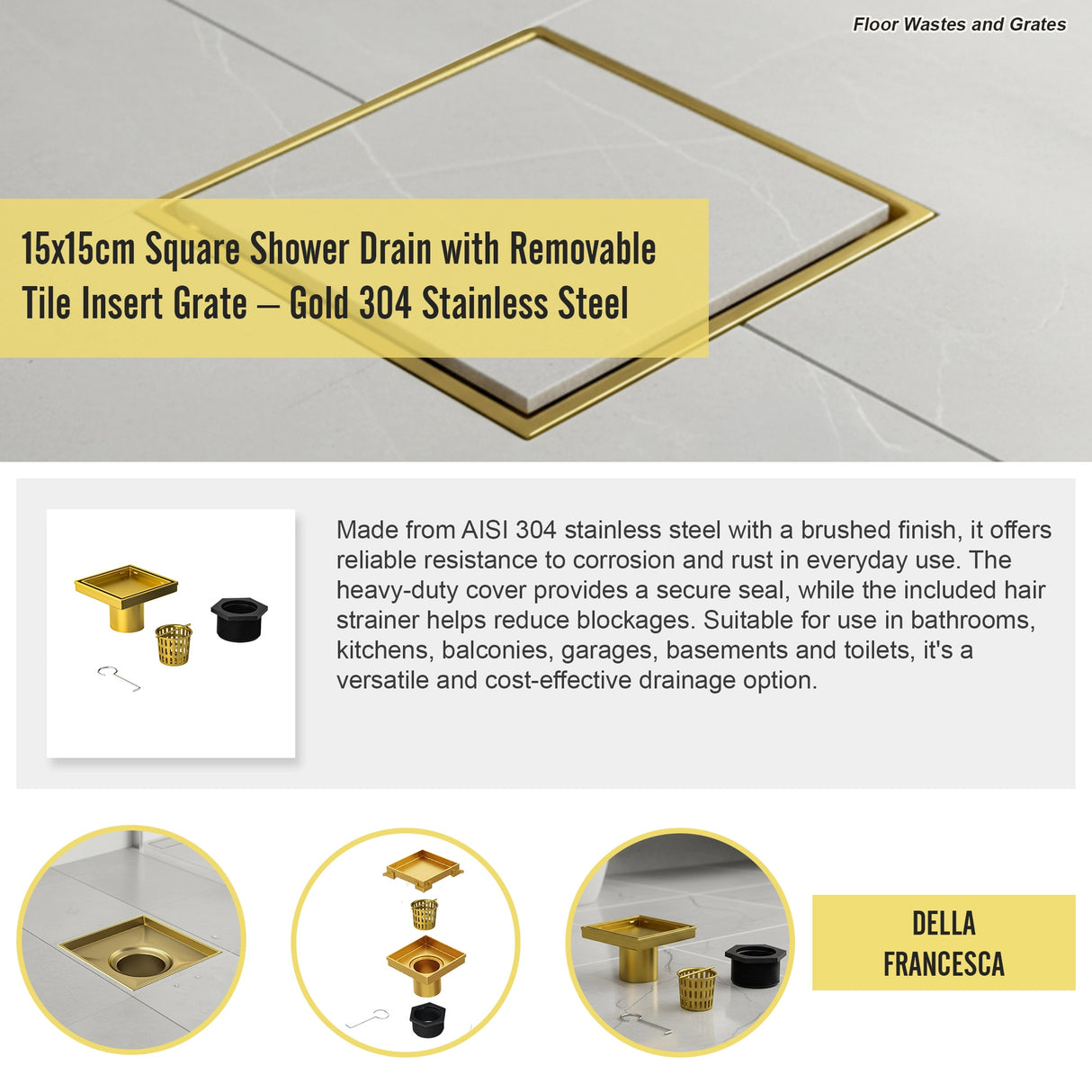 15x15cm Square Shower Drain with Removable Tile Insert Grate – Gold 304 Stainless Steel, CUPC Certified for Modern Bathrooms