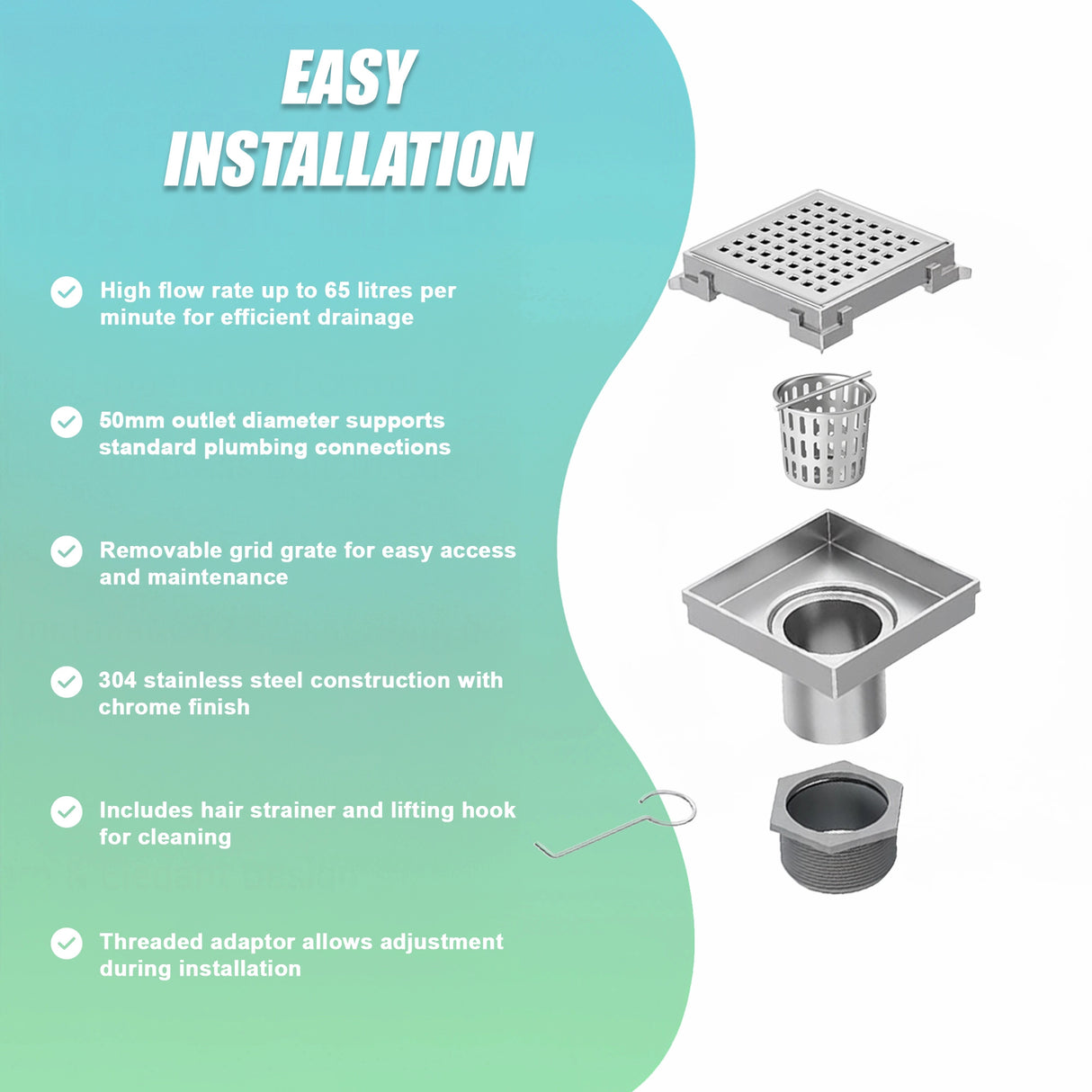 10x10cm Square Shower Drain with Grid Pattern Grate – Chrome 304 Stainless Steel, CUPC Certified with Hair Strainer