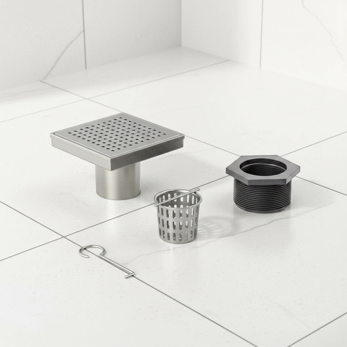 15x15cm Square Shower Drain with Grid Pattern Grate – Chrome 304 Stainless Steel, CUPC Certified with Hair Strainer