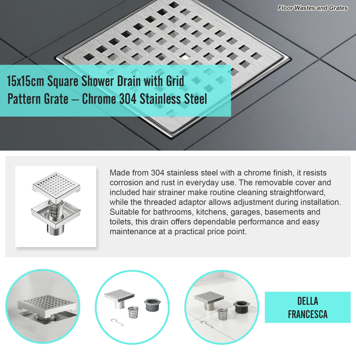 15x15cm Square Shower Drain with Grid Pattern Grate – Chrome 304 Stainless Steel, CUPC Certified with Hair Strainer