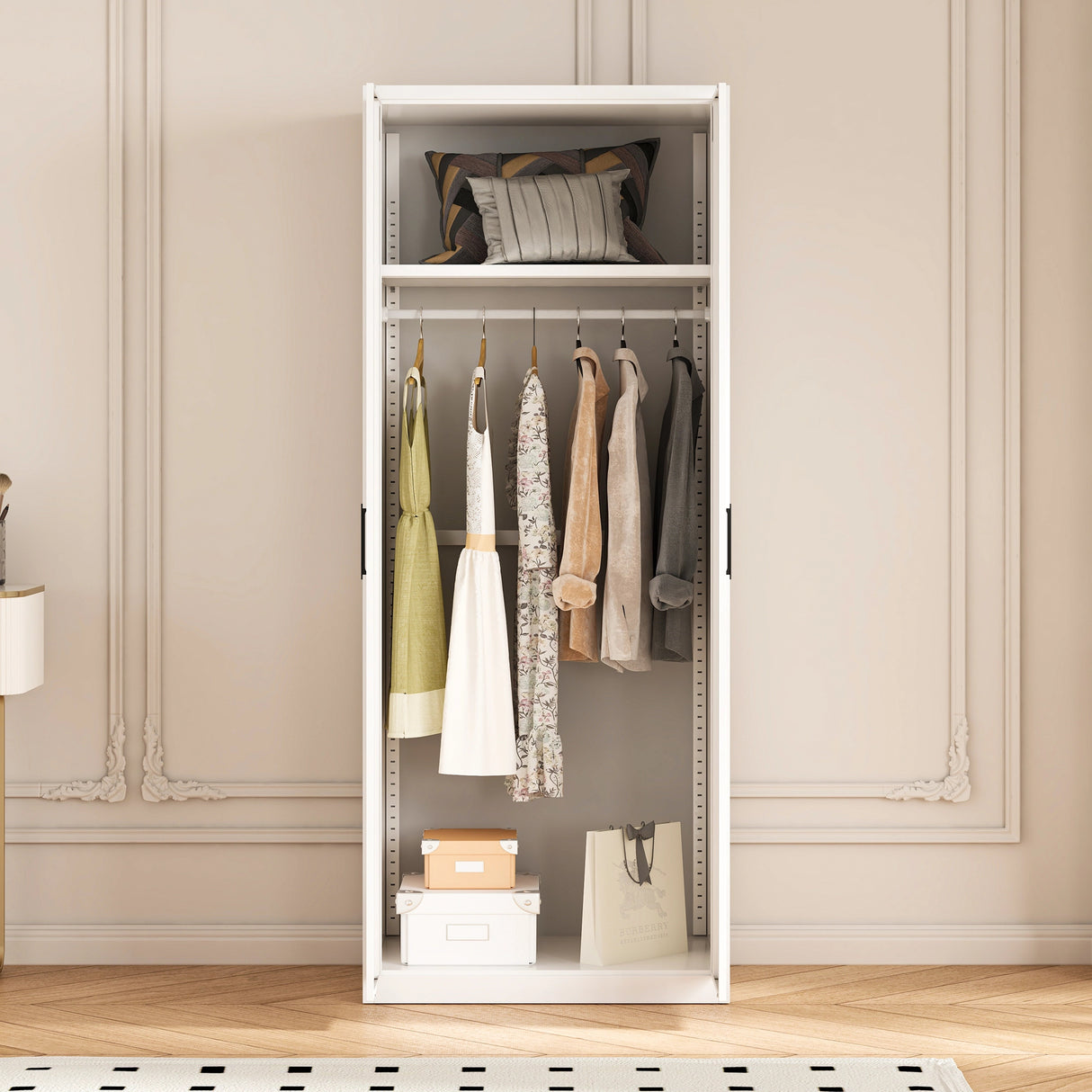 80cm 2-Door White Steel Hanging Wardrobe, No Above Storage - Black Handle