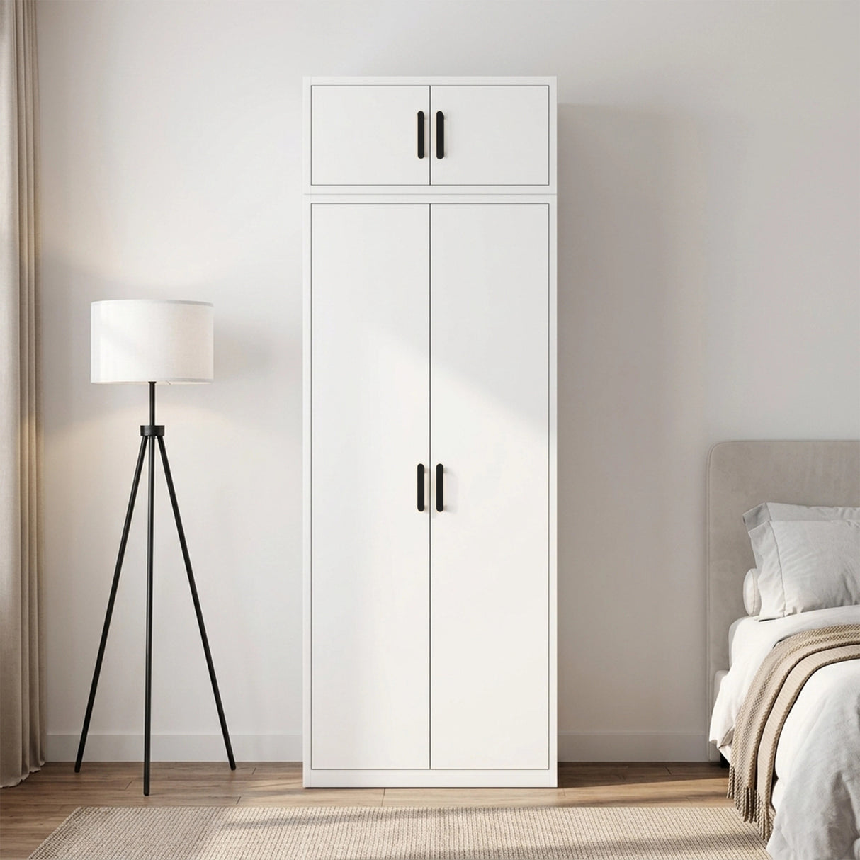 80cm 2-Door White Steel Shelf Wardrobe, Above Storage - Black Handle