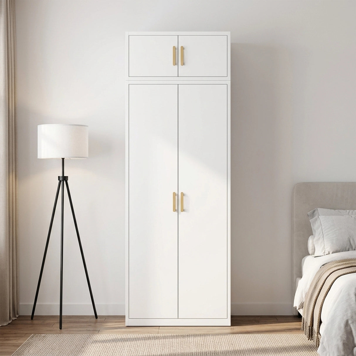 80cm 2-Door White Steel Shelf Wardrobe, Above Storage - Gold Handle