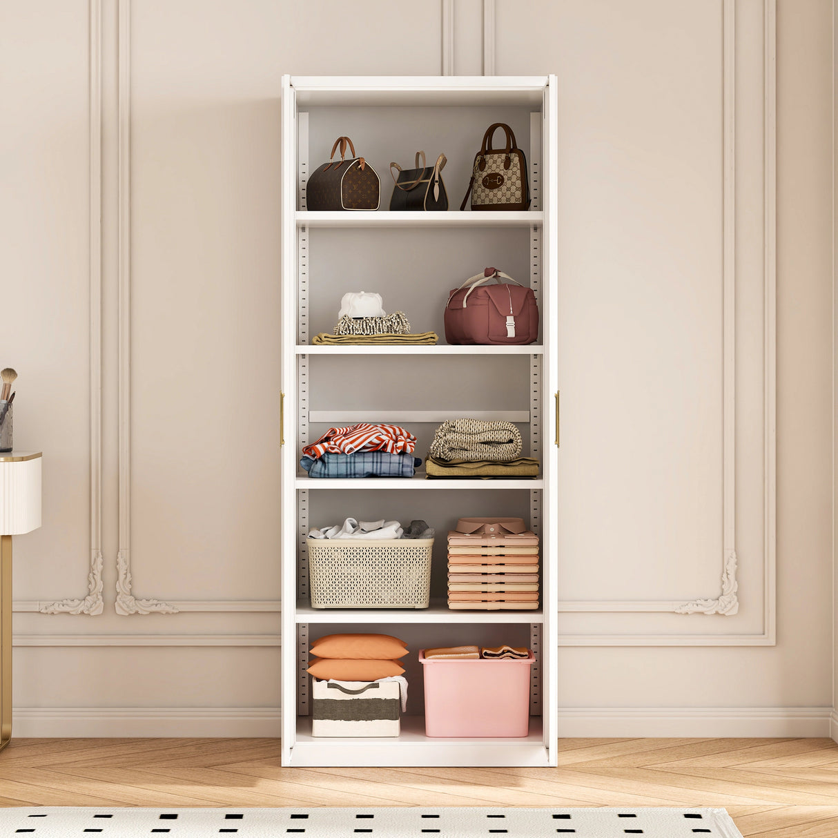 80cm 2-Door White Steel Shelf Wardrobe, No Above Storage - Gold Handle