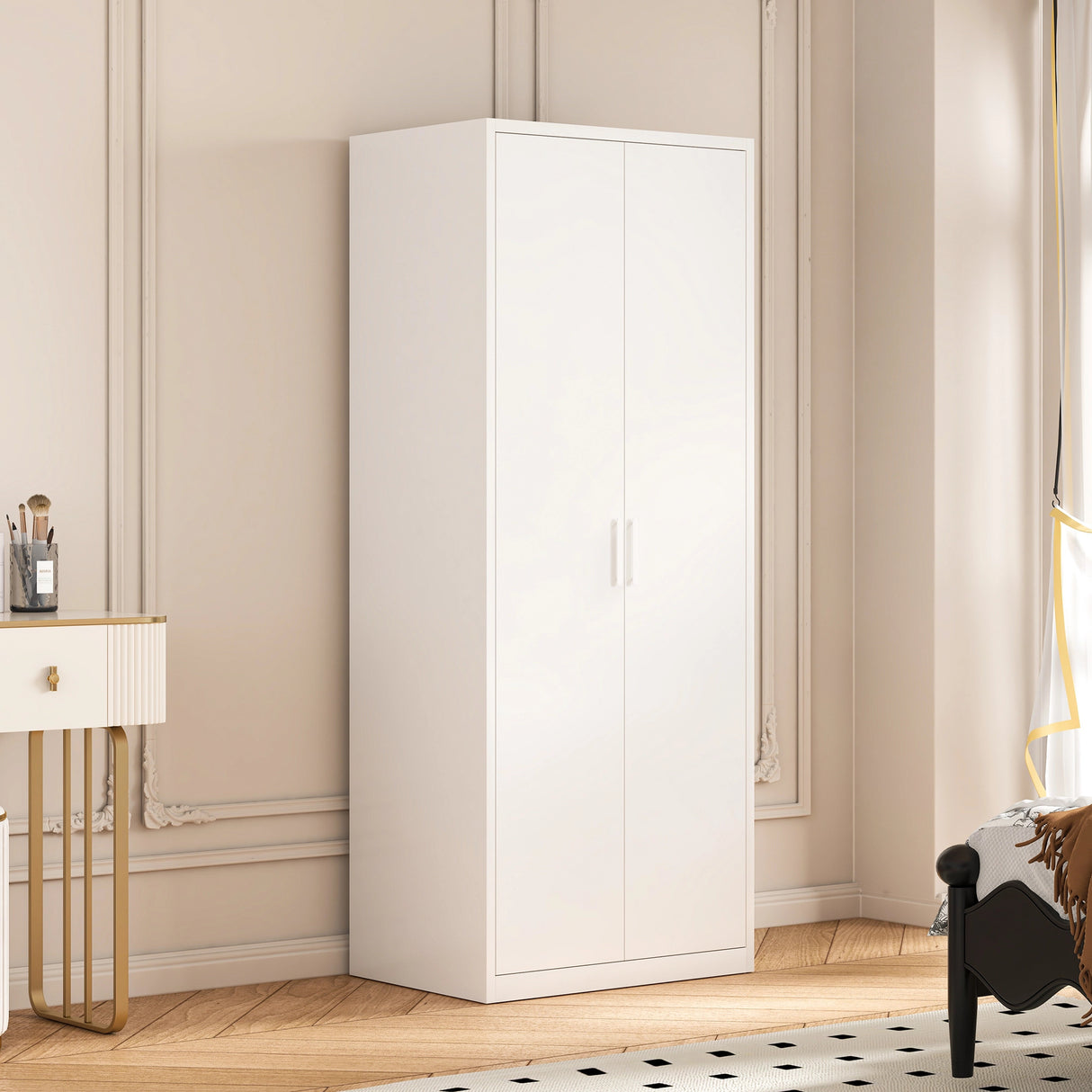 80cm 2-Door White Steel Shelf Wardrobe, No Above Storage - White Handle