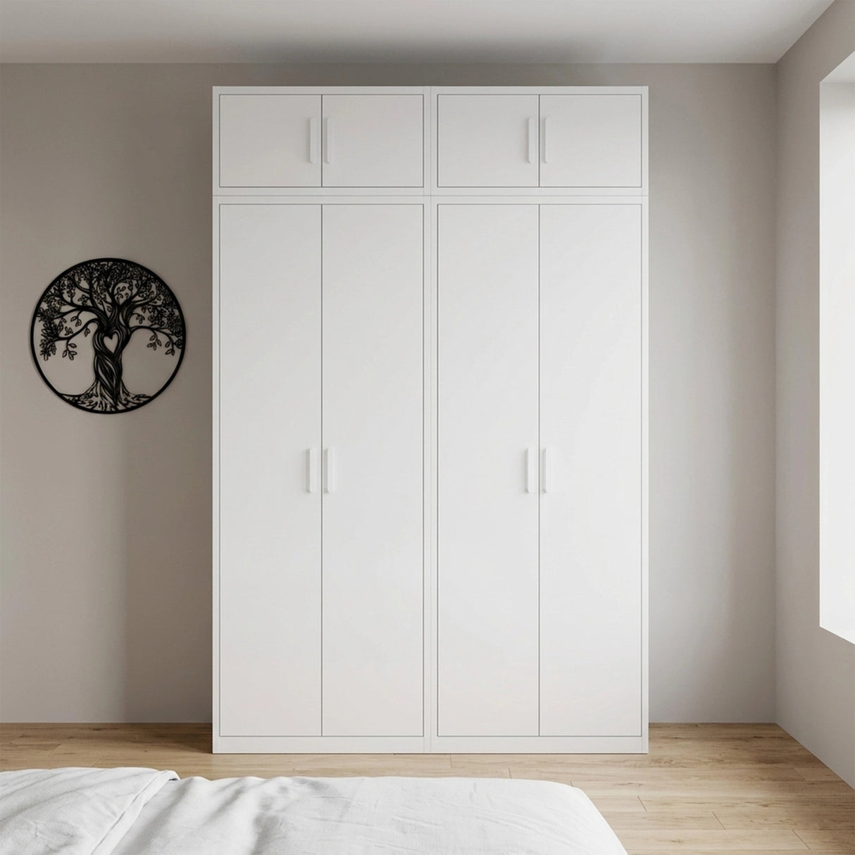 160cm 4-Door White Steel Hanging and Shelf Wardrobe, Above Storage - White Handle