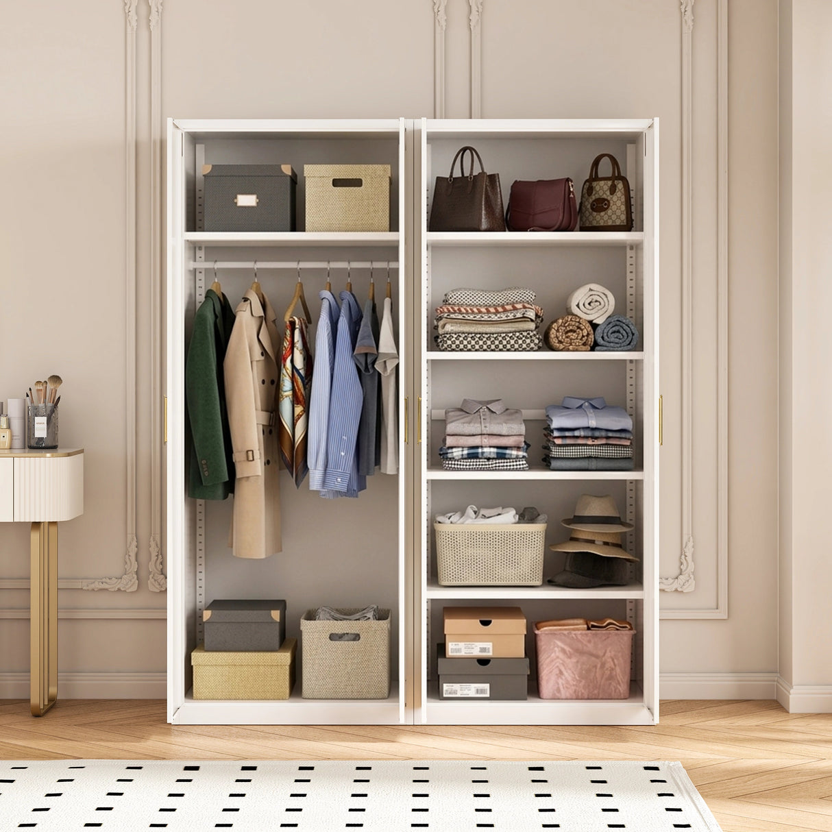 160cm 4-Door White Steel Hanging and Shelf Wardrobe, No Above Storage - Gold Handle