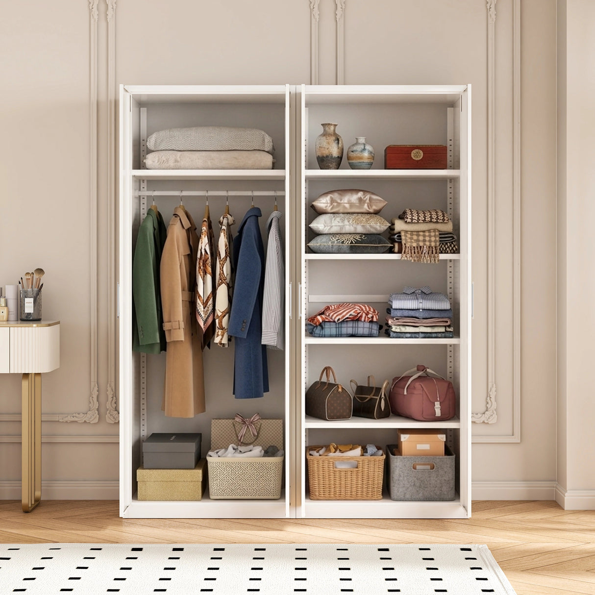 160cm 4-Door White Steel Hanging and Shelf Wardrobe, No Above Storage - White Handle