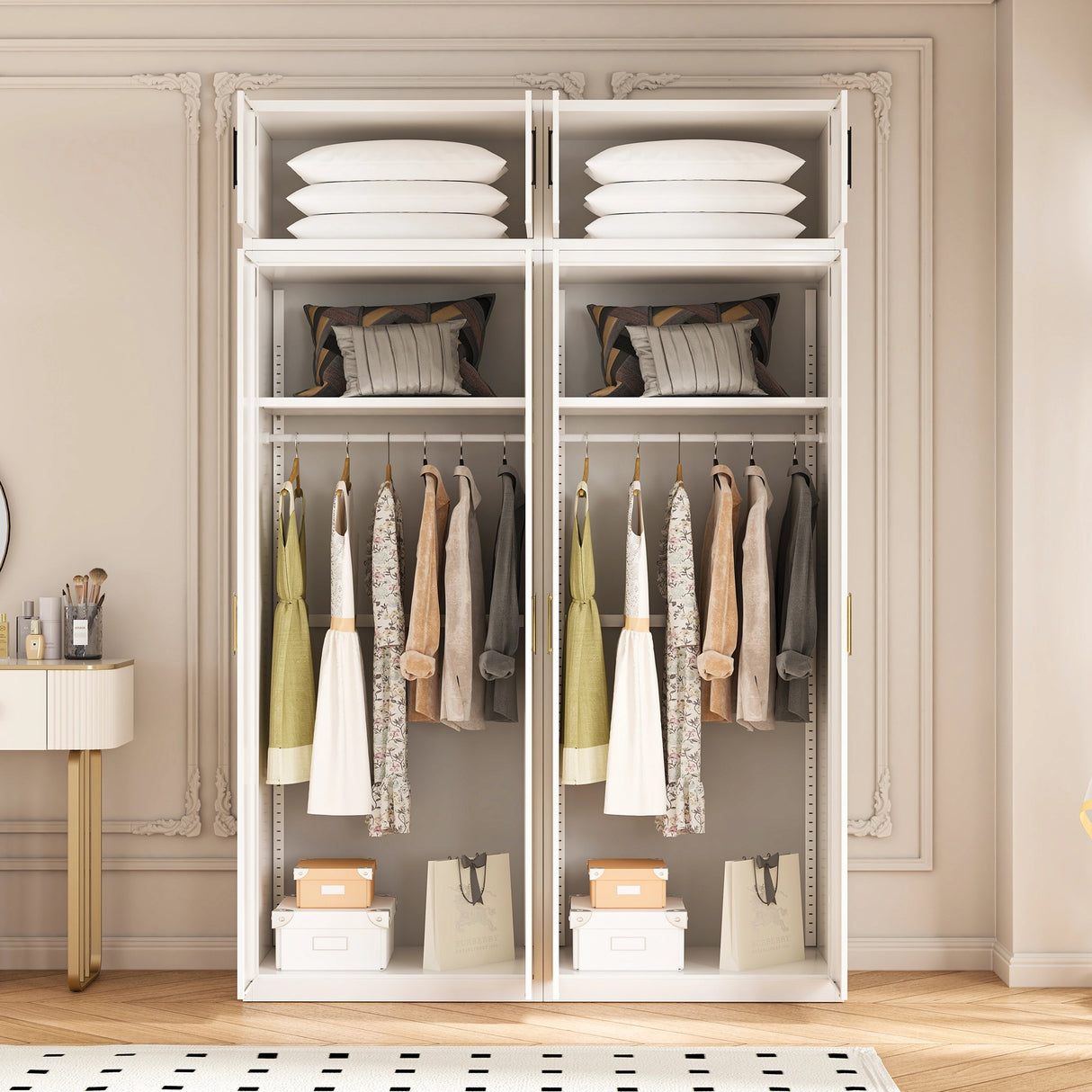160cm 4-Door White Steel 2 Hanging Wardrobe, Above Storage - Gold Handle