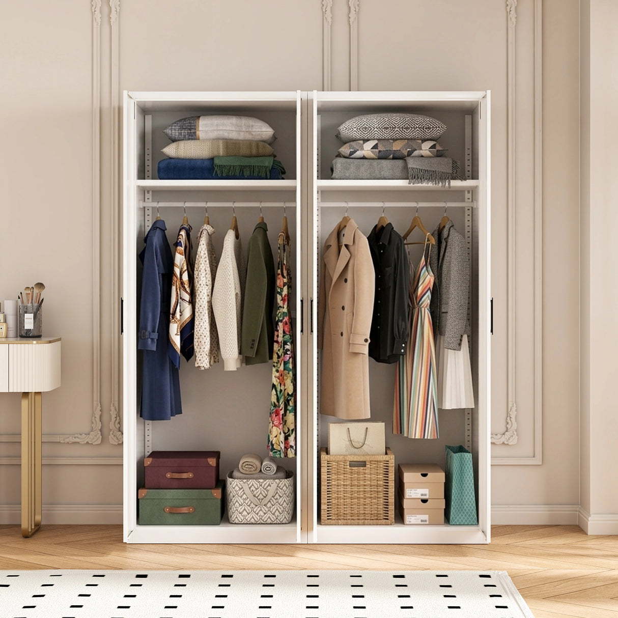160cm 4-Door White Steel 2 Hanging Wardrobe, No Above Storage - Black Handle