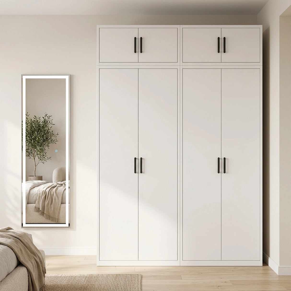 160cm 4-Door White Steel 2 Shelf Wardrobe, Above Storage - Black Handle