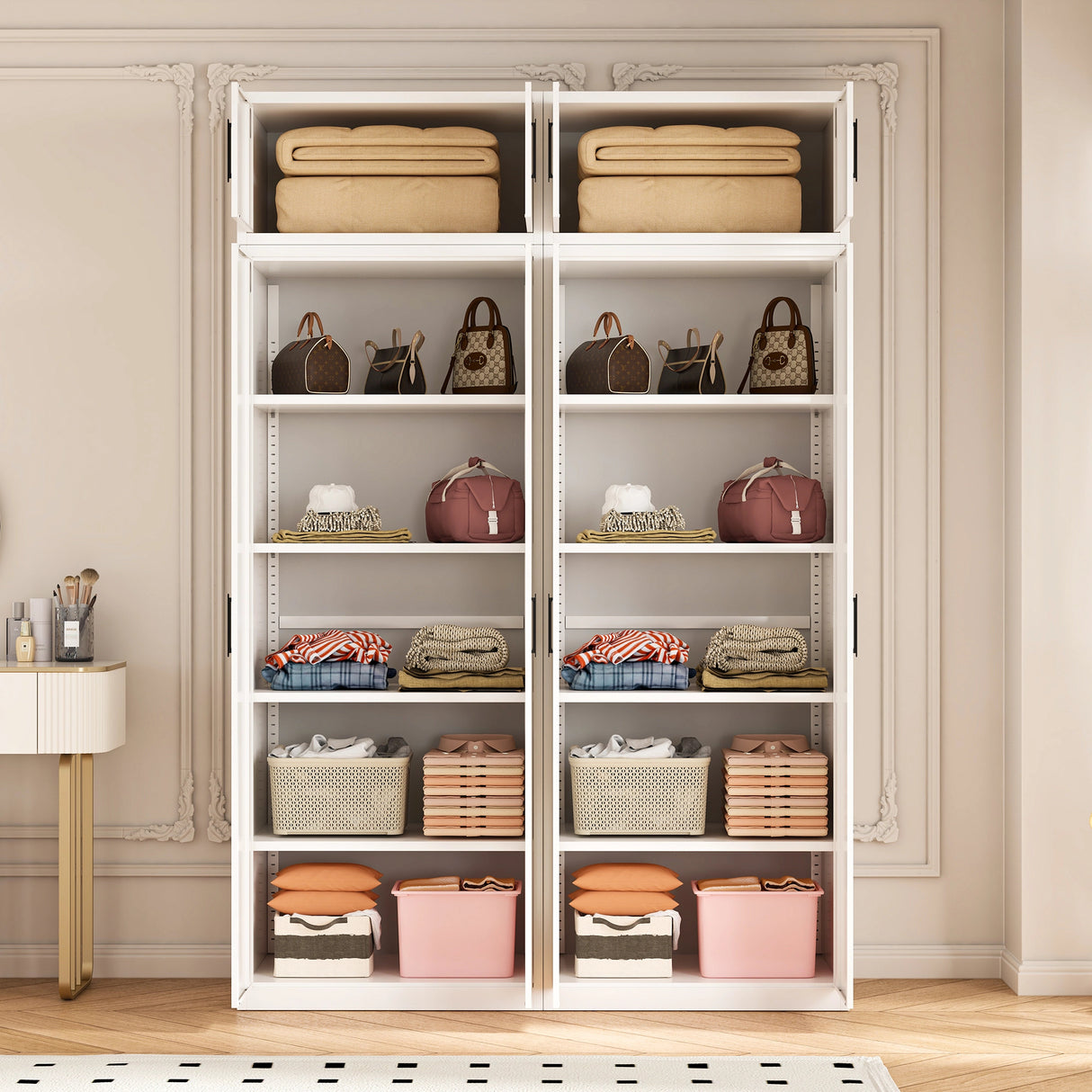 160cm 4-Door White Steel 2 Shelf Wardrobe, Above Storage - Black Handle