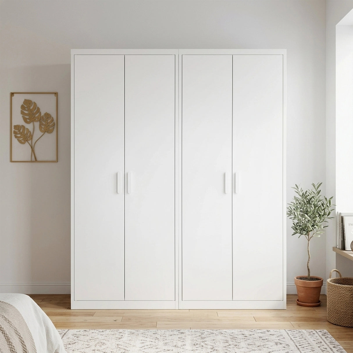 160cm 4-Door White Steel 2 Shelf Wardrobe, No Above Storage - White Handle
