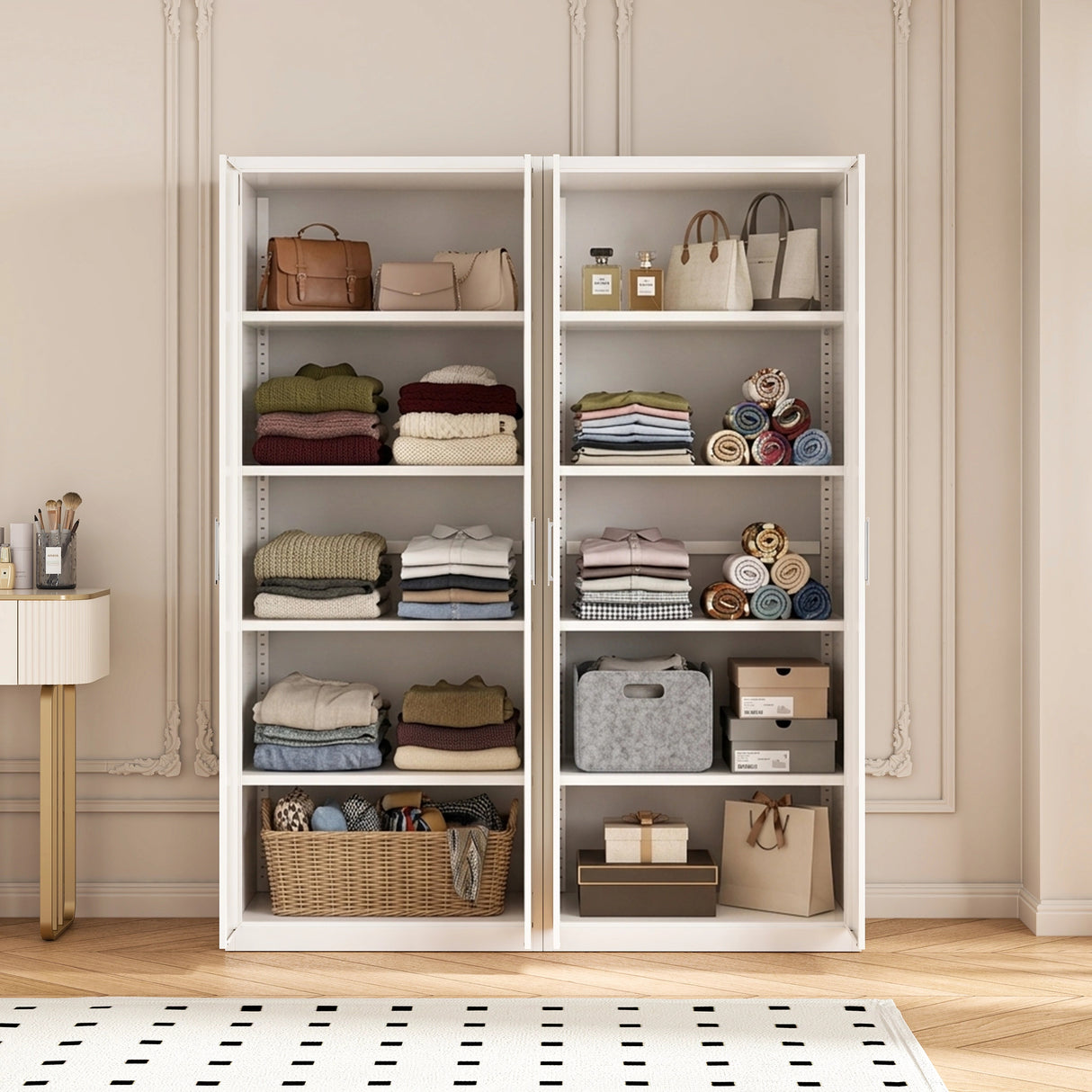 160cm 4-Door White Steel 2 Shelf Wardrobe, No Above Storage - White Handle