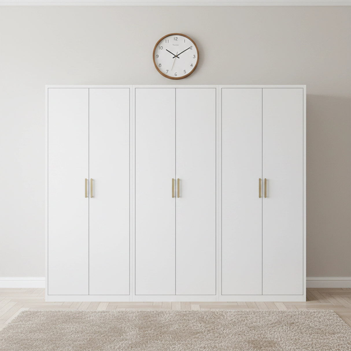 240cm 6-Door White Steel 2 Hanging and 1 Shelf Wardrobe, No Above Storage - Gold Handle