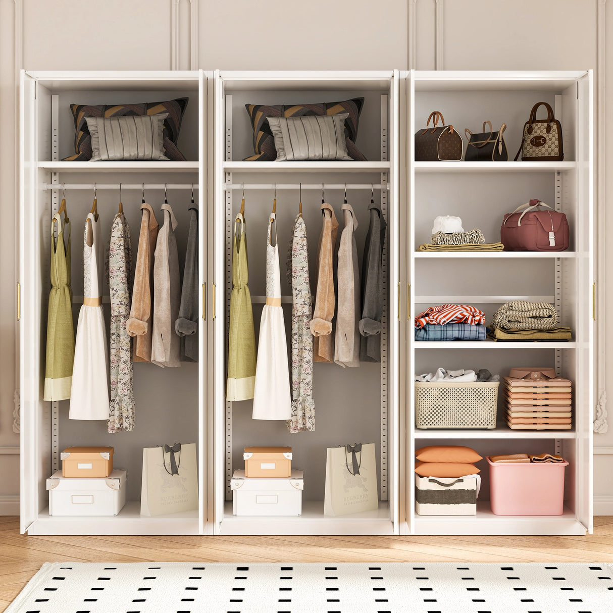 240cm 6-Door White Steel 2 Hanging and 1 Shelf Wardrobe, No Above Storage - Gold Handle