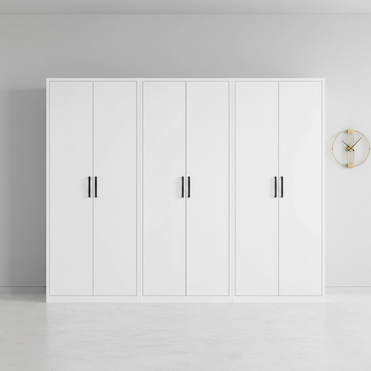 240cm 6-Door White Steel 1 Hanging and 2 Shelf Wardrobe, No Above Storage - Black Handle