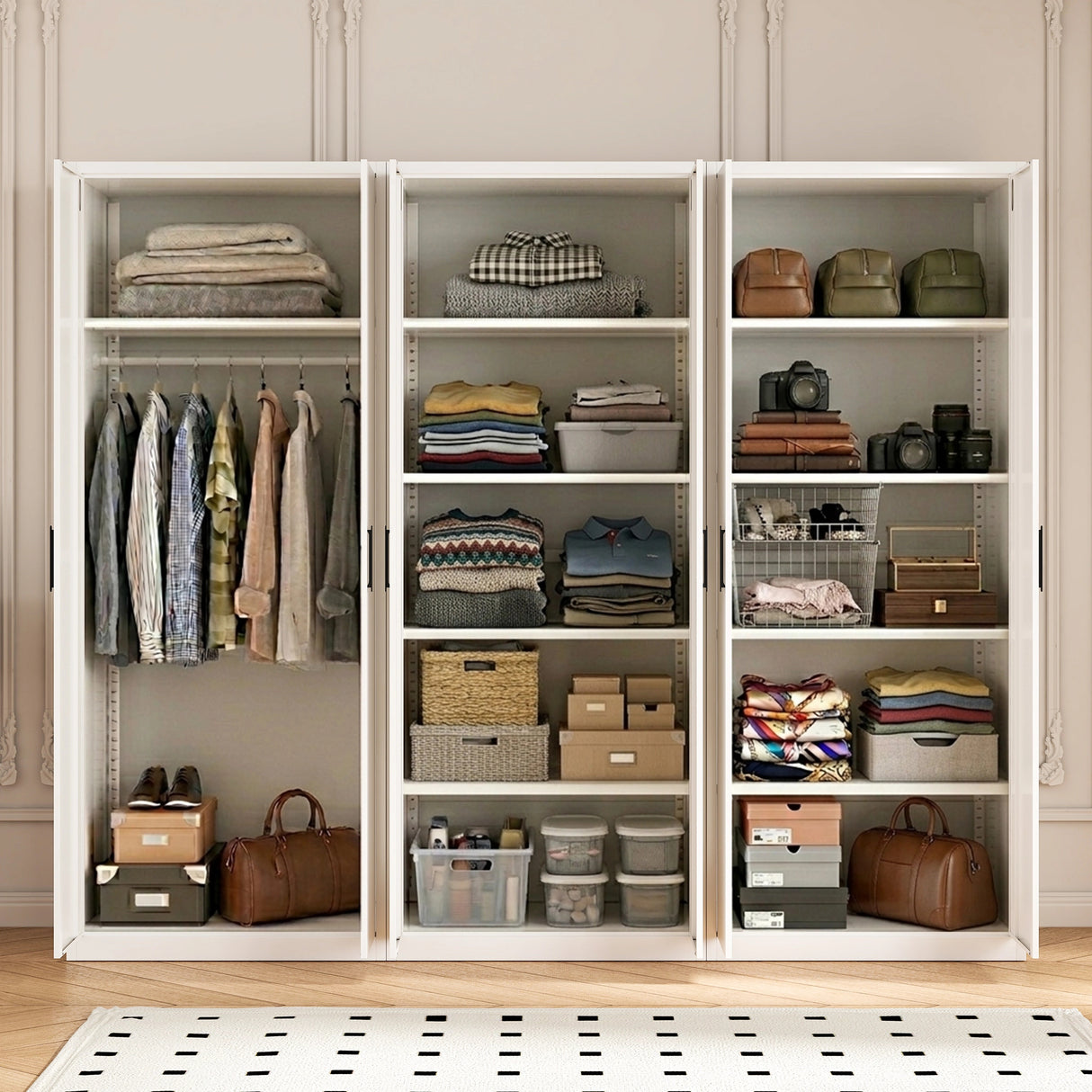 240cm 6-Door White Steel 1 Hanging and 2 Shelf Wardrobe, No Above Storage - Black Handle