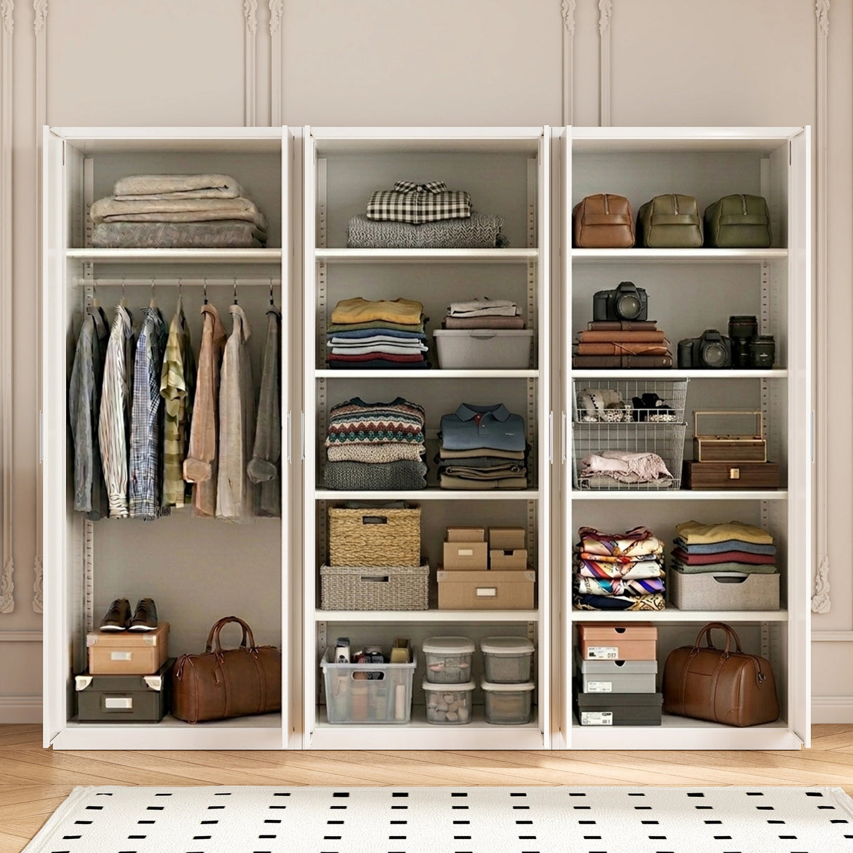 240cm 6-Door White Steel 1 Hanging and 2 Shelf Wardrobe, No Above Storage - White Handle