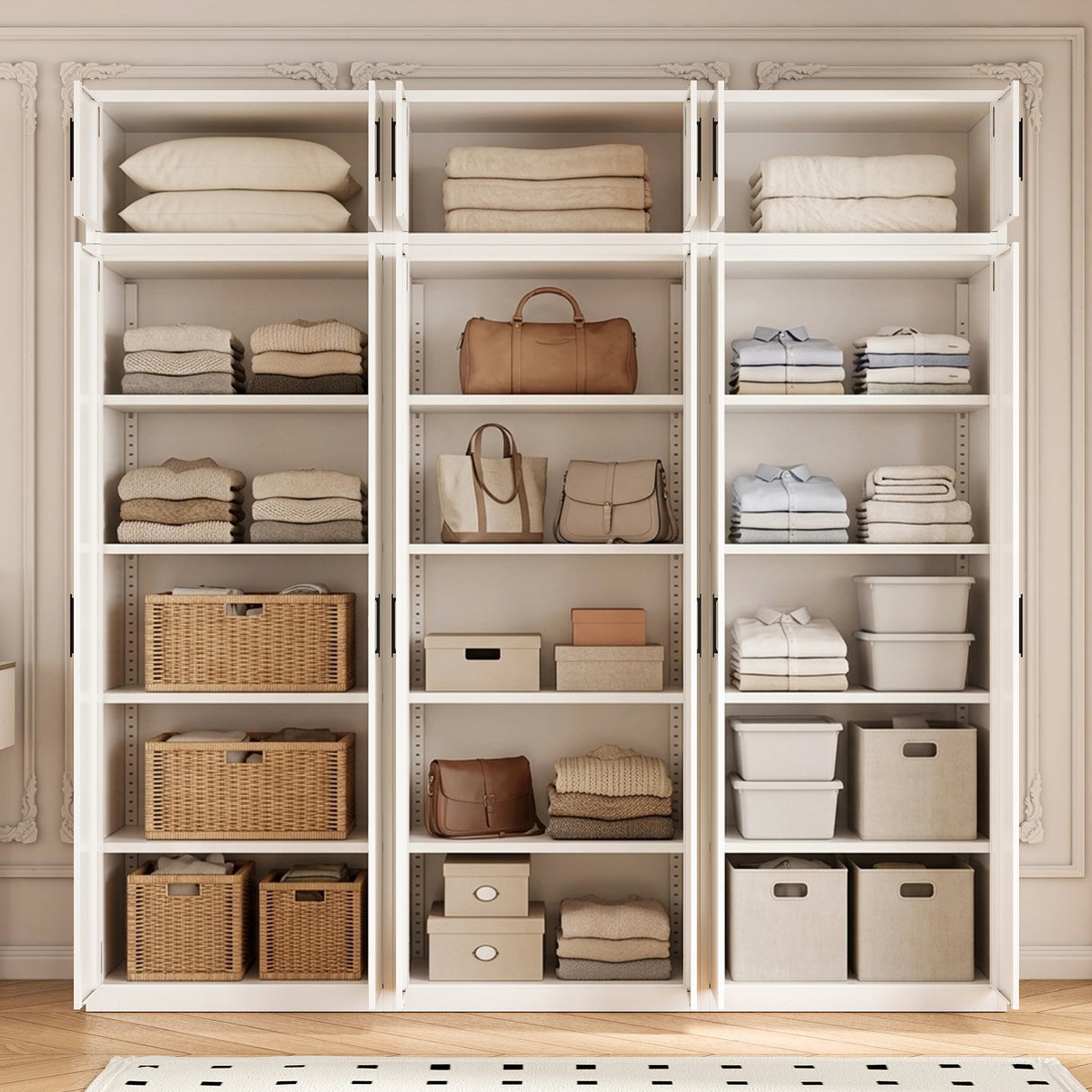 240cm 6-Door White Steel 3 Shelf Wardrobe, Above Storage - Black Handle