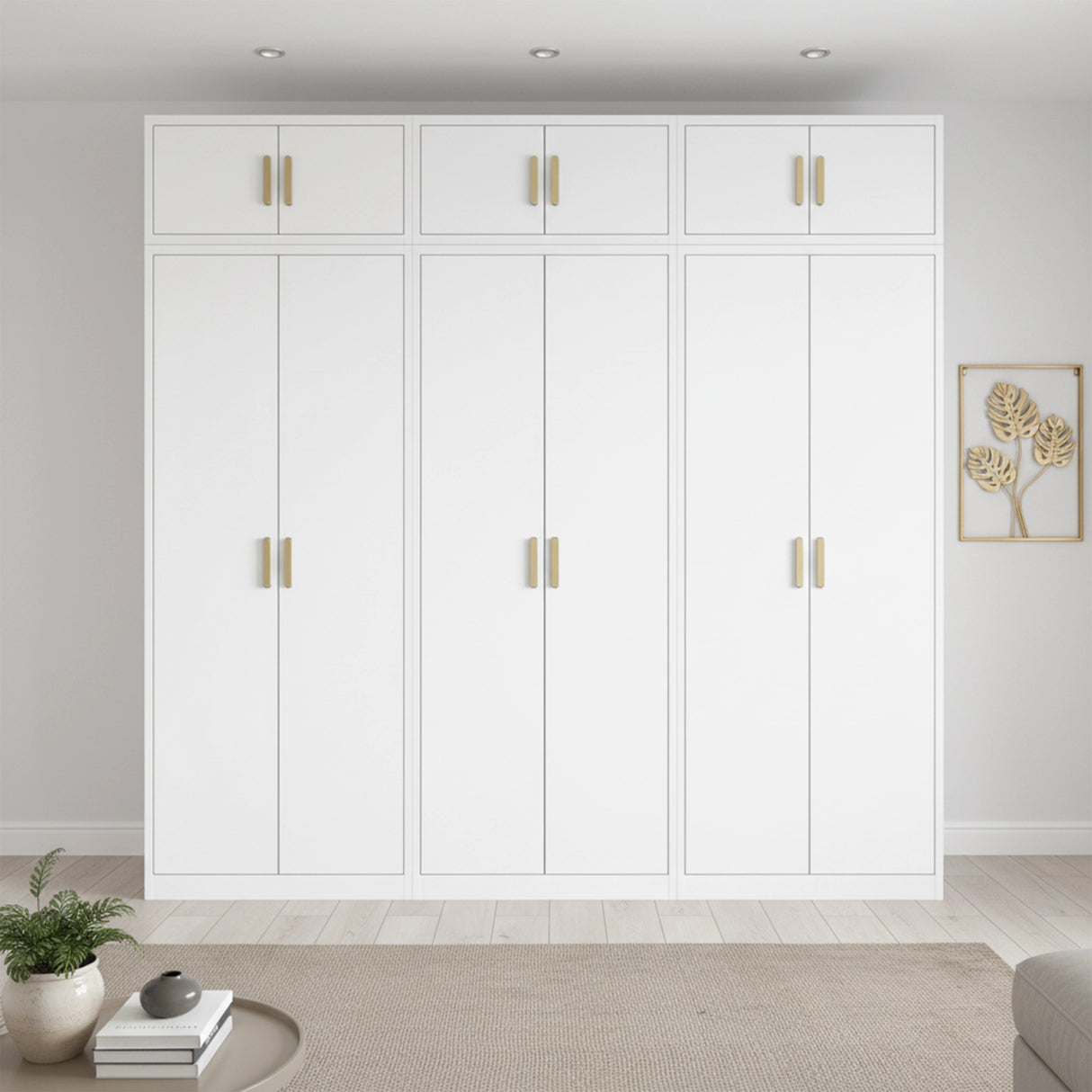 240cm 6-Door White Steel 3 Shelf Wardrobe, Above Storage - Gold Handle