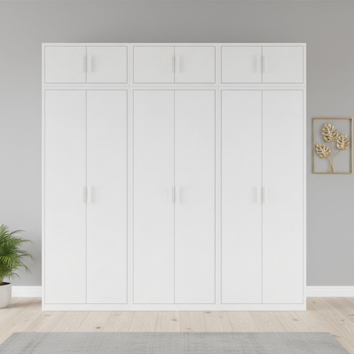 240cm 6-Door White Steel 3 Shelf Wardrobe, Above Storage - White Handle