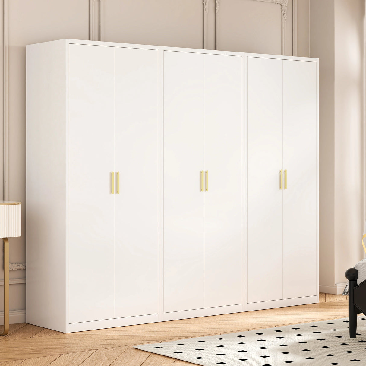 240cm 6-Door White Steel 3 Shelf Wardrobe, No Above Storage - Gold Handle