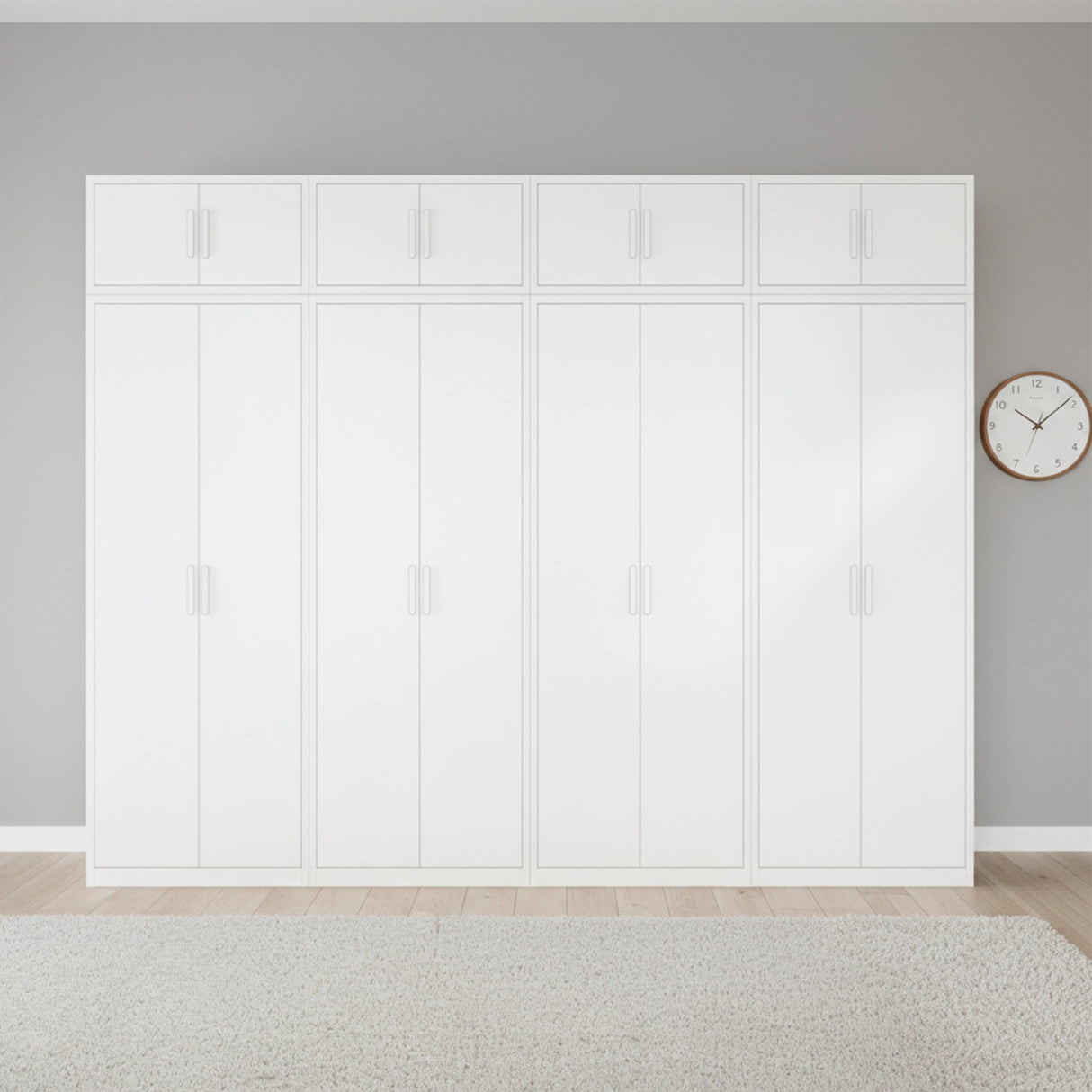 320cm 8-Door White Steel 3 Hanging and 1 Shelf Wardrobe, Above Storage - White Handle