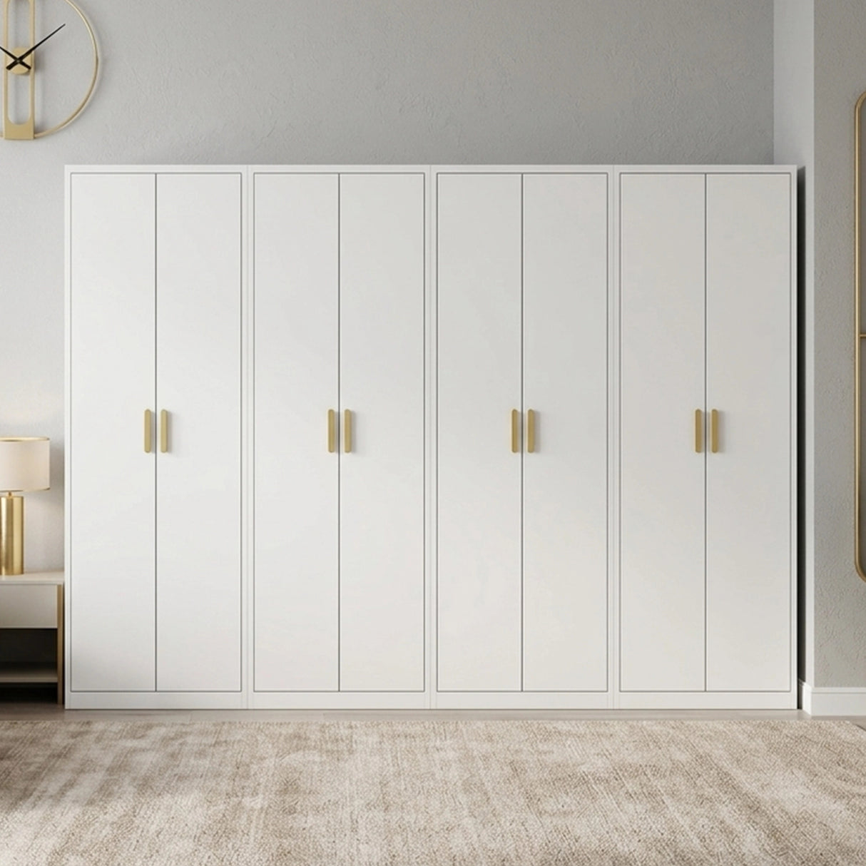 320cm 8-Door White Steel 3 Hanging and 1 Shelf Wardrobe, No Above Storage - Gold Handle