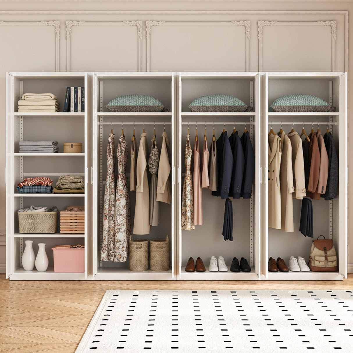 320cm 8-Door White Steel 3 Hanging and 1 Shelf Wardrobe, No Above Storage - White Handle