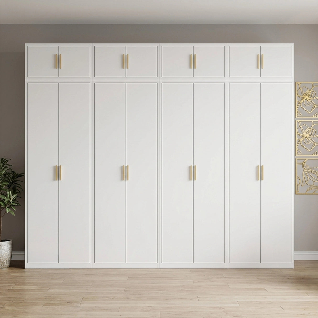 320cm 8-Door White Steel 2 Hanging and 2 Shelf Wardrobe, Above Storage - Gold Handle